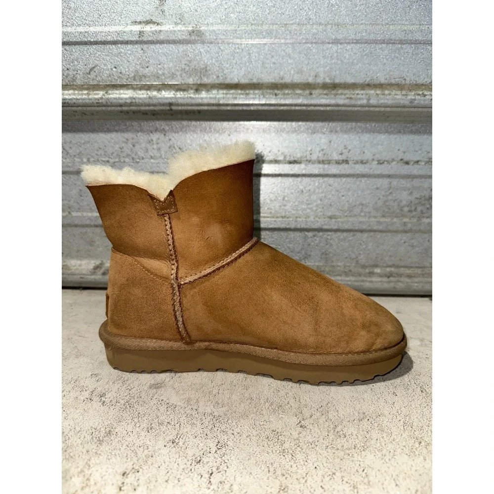 UGG Bailey Zip Mini Boot Women's Size 6 Chestnut Leather Warm Winter Fur‎ Lined